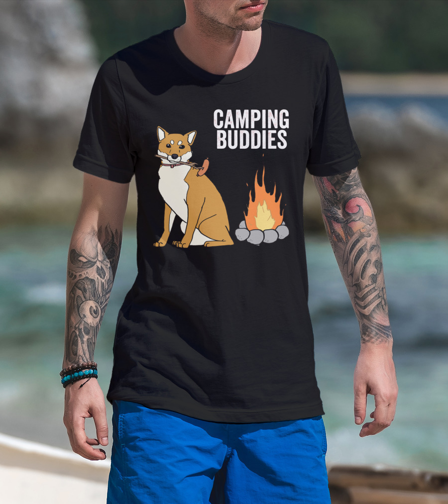 Camping Buddies Shiba Inu Roasting Sausage Near Campfire T-Shirt