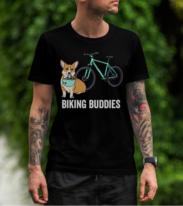 Corgi Biking Buddies With Bicycle Helmet And Mountain Bike T-Shirt