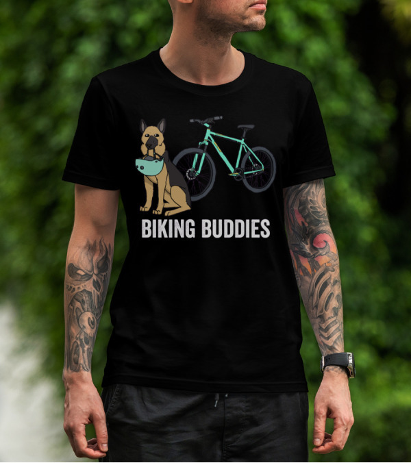 Biking Buddies German Shepherd With Bicycle Helmet And Bike T-Shirt