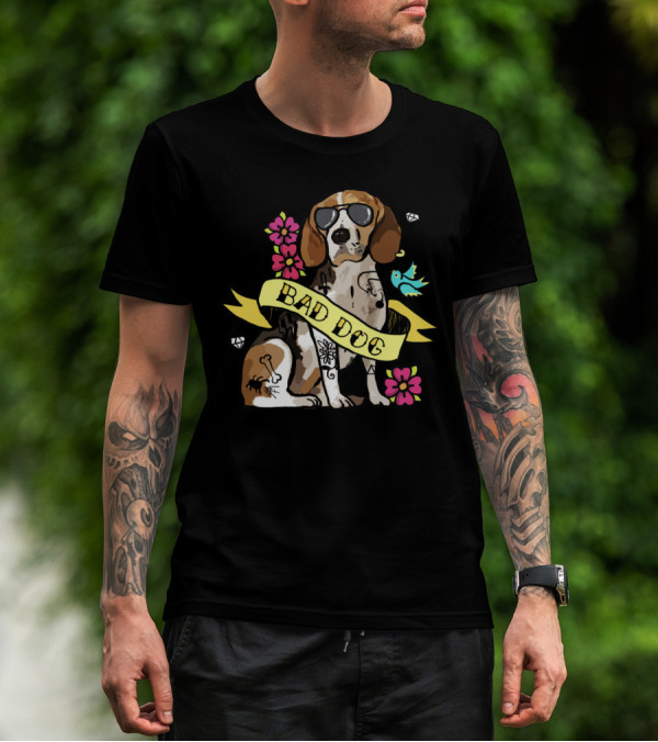 BAD DOG BEAGLE WITH SUNGLASSES AND TATTOOS SURROUNDED BY FLOWERS AND BIRD T-Shirt