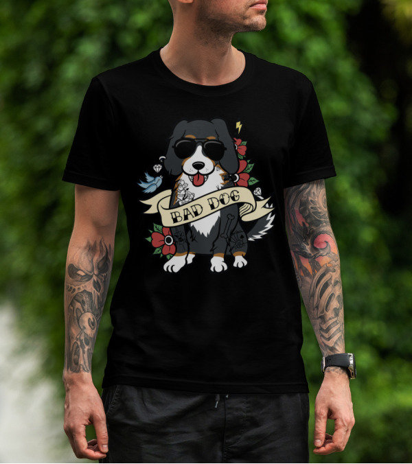 Bernese Mountain Bad Dog With Tattoos, Sunglasses, And Floral Accents T-Shirt