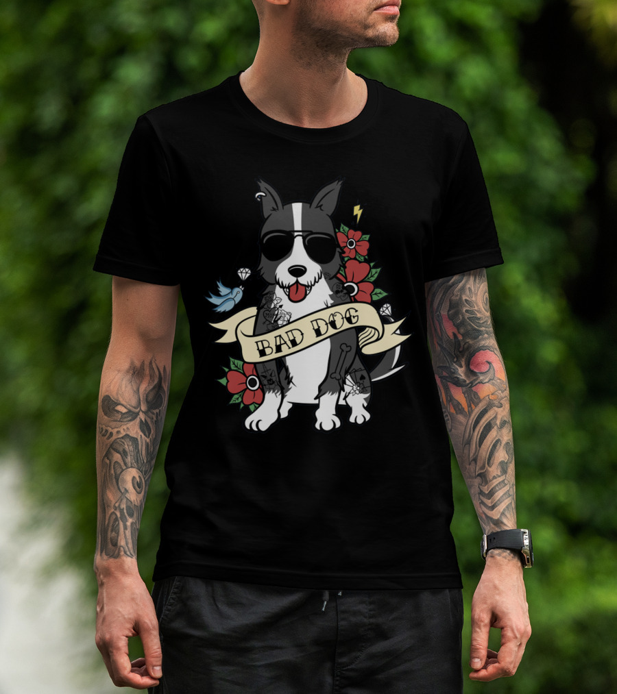 Border Collie Bad Dog Tattoo Style With Sunglasses And Flowers T-Shirt