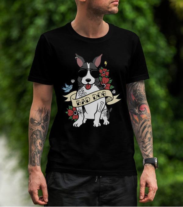 BAD DOG BOSTON TERRIER WITH TATTOOS AND SUNGLASSES FLORAL AND LIGHTNING T-Shirt