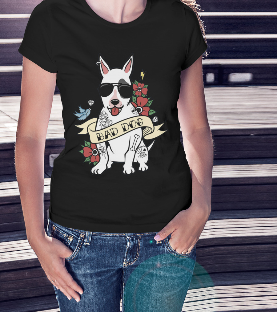 BAD DOG Tattooed Bull Terrier With Sunglasses And Flowers T-Shirt