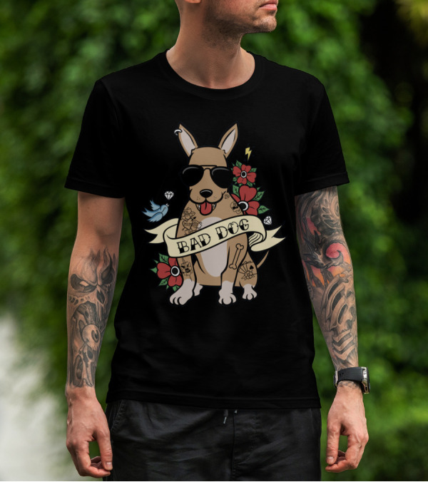 Chihuahua Bad Dog Tattoo Style With Sunglasses Flowers And Bird T-Shirt