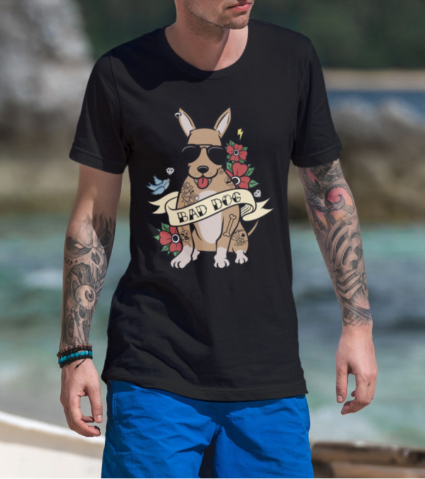 Chihuahua Bad Dog Tattoo Style With Sunglasses Flowers And Bird T-Shirt
