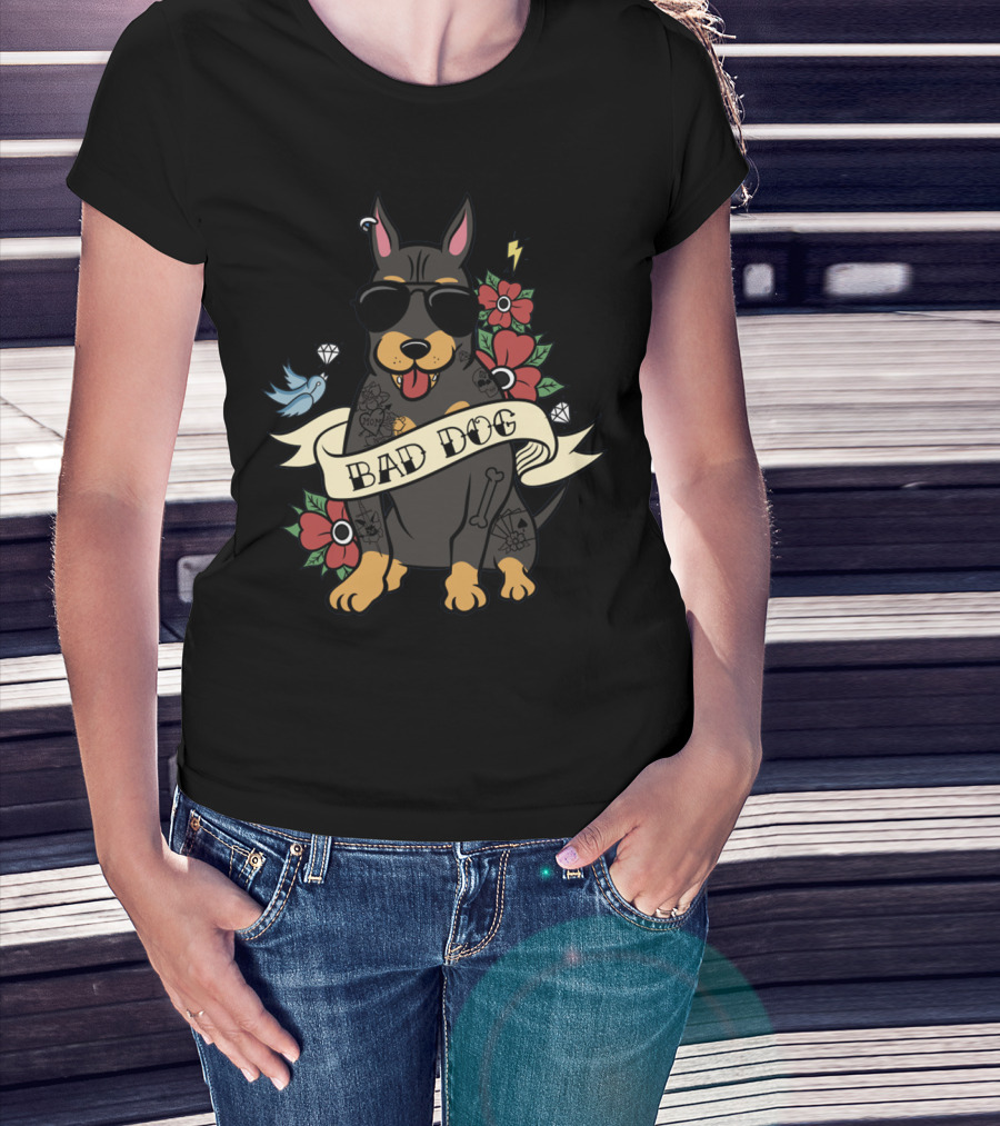 Bad Dog Doberman With Sunglasses And Tattoos Surrounded By Flowers And Bird Icons T-Shirt