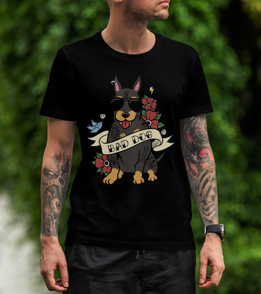 Bad Dog Doberman With Sunglasses And Tattoos Surrounded By Flowers And Bird Icons T-Shirt