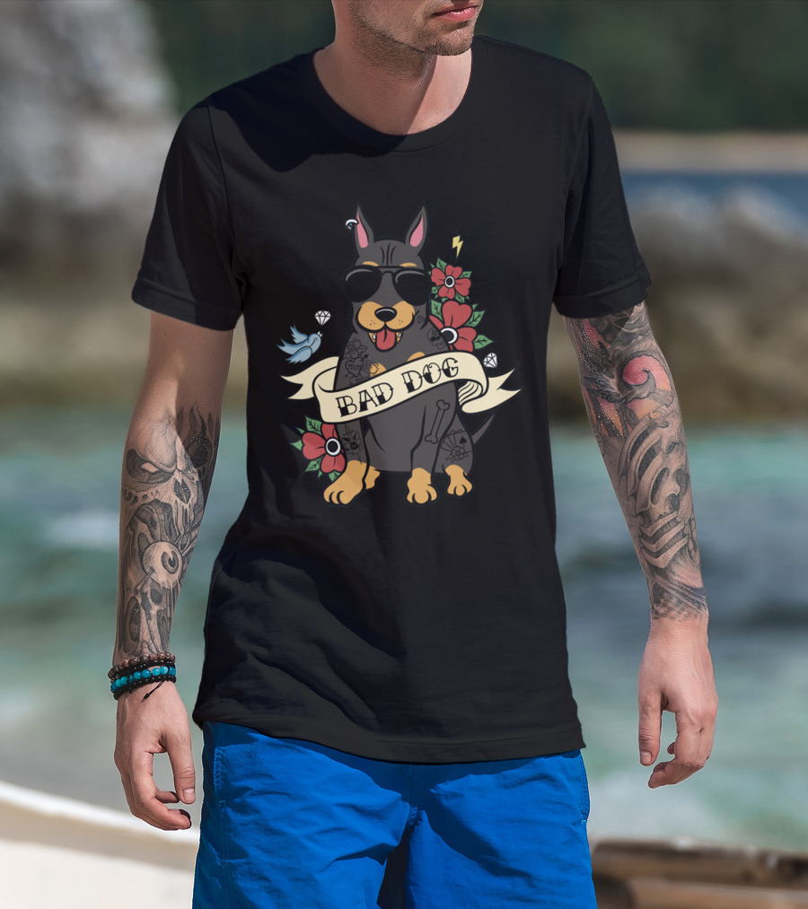 Bad Dog Doberman With Sunglasses And Tattoos Surrounded By Flowers And Bird Icons T-Shirt
