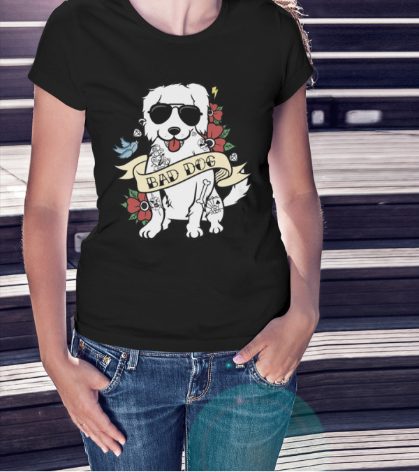GREAT PYRENEES BAD DOG WITH SUNGLASSES AND TATTOO STYLE FLOWERS T-Shirt