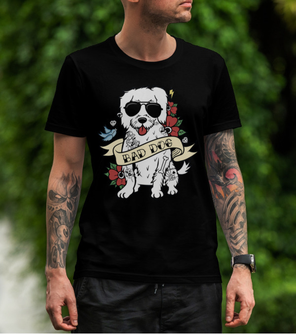 Maltese Bad Dog With Sunglasses And Tattoo Style Surrounded By Flowers And Diamonds T-Shirt