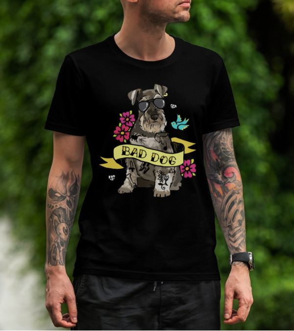 Schnauzer Bad Dog Tattoo Style With Flowers And Bird T-Shirt