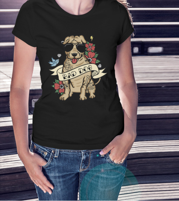 Shar Pei Bad Dog With Sunglasses Tattoos Flowers And Lightning T-Shirt