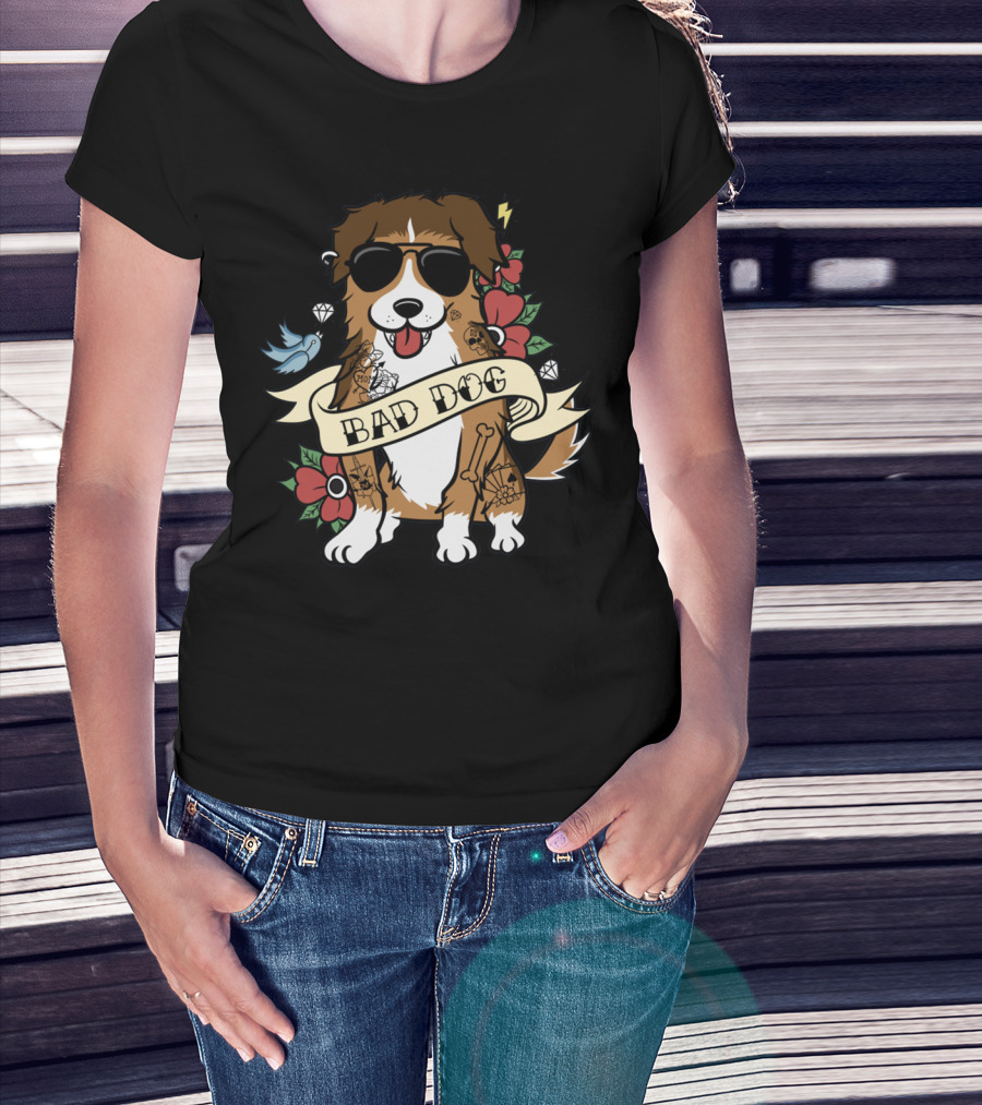 Sheltie Bad Dog Tattoo Style Sunglasses Flowers Diamonds Bone T-Shirt