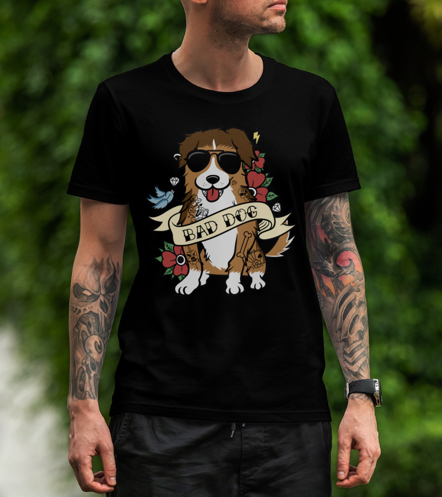 Sheltie Bad Dog Tattoo Style Sunglasses Flowers Diamonds Bone T-Shirt