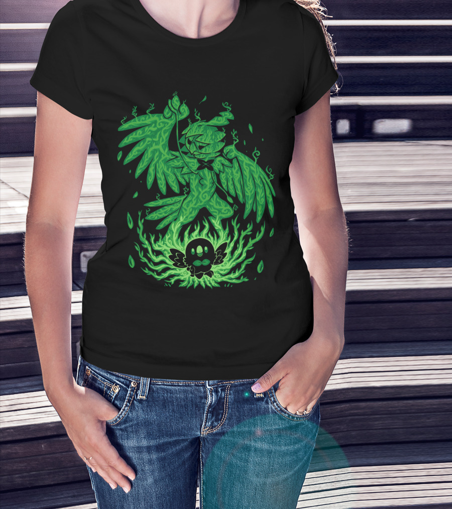 Evolution Pokemon Decidueye Rowlet Ghostly Green Flames T-Shirt