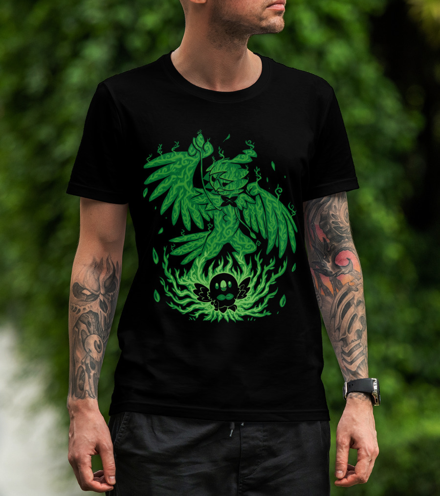Evolution Pokemon Decidueye Rowlet Ghostly Green Flames T-Shirt