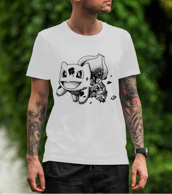 Geometric Pokemon Bulbasaur Pixel Art Style Black And White Pokedex Creature Digital Cubes T-Shirt