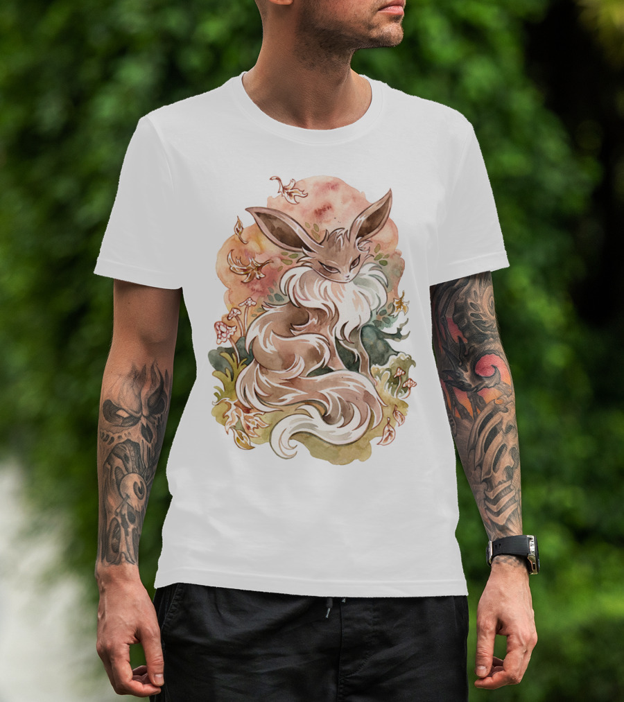 Watercolor Pokemon Eevee With Autumn Leaves And Flowers T-Shirt