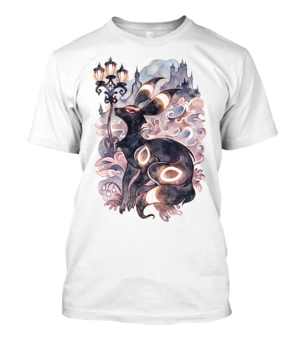 Watercolor Pokemon Umbreon Lamppost Castle Sky Background T-Shirt