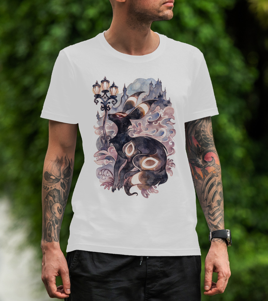 Watercolor Pokemon Umbreon Lamppost Castle Sky Background T-Shirt