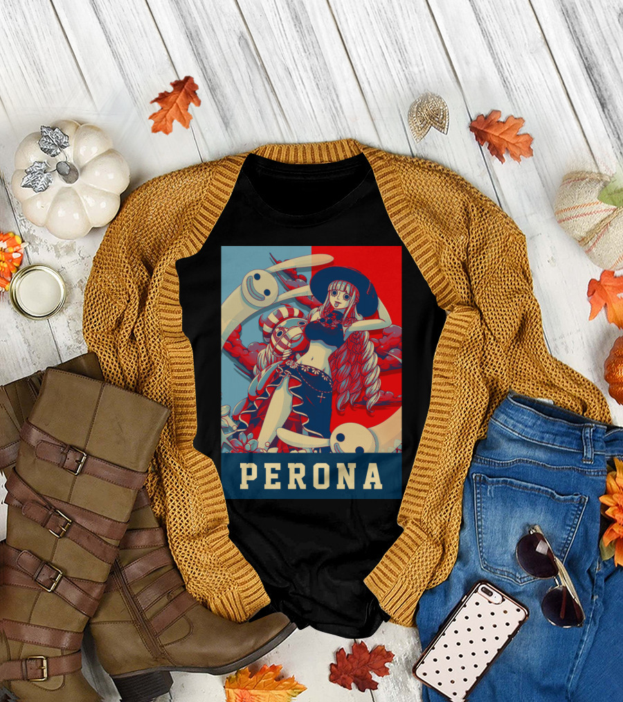 Perona One Piece Manga Anime Character with Ghosts and Red Blue Split Background T-Shirt
