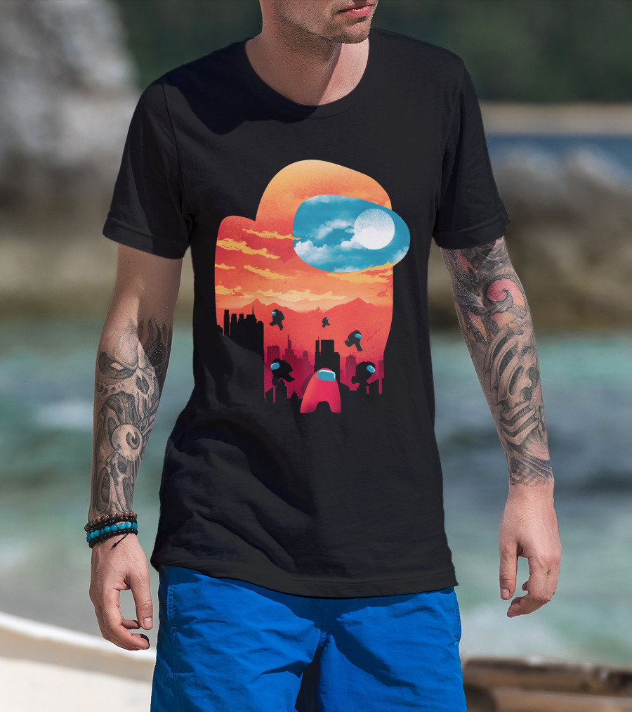 Sunset Among Us Impostors Skyline Scene T-Shirt