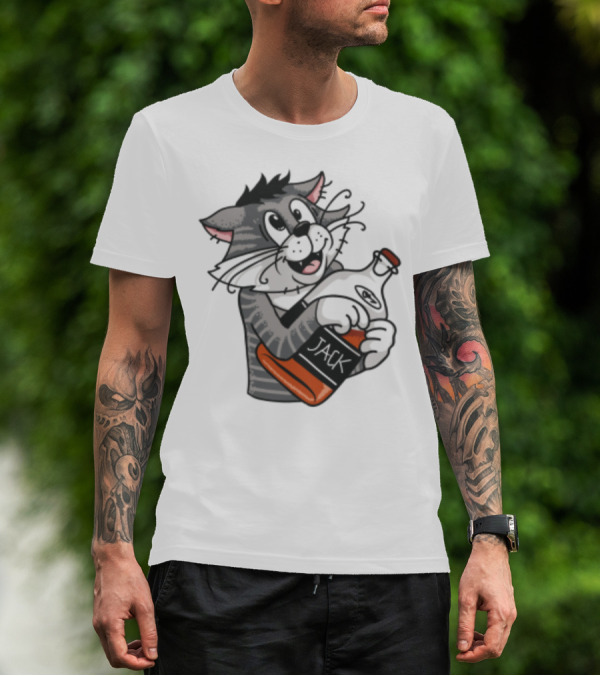 Jack Whiskey Cat Hugging Bottle Playful Striped Kitty Character T-Shirt