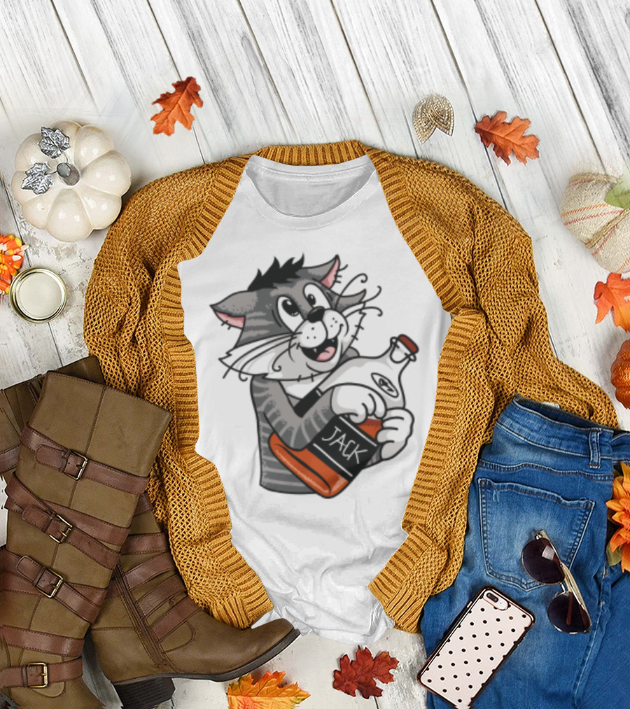 Jack Whiskey Cat Hugging Bottle Playful Striped Kitty Character T-Shirt
