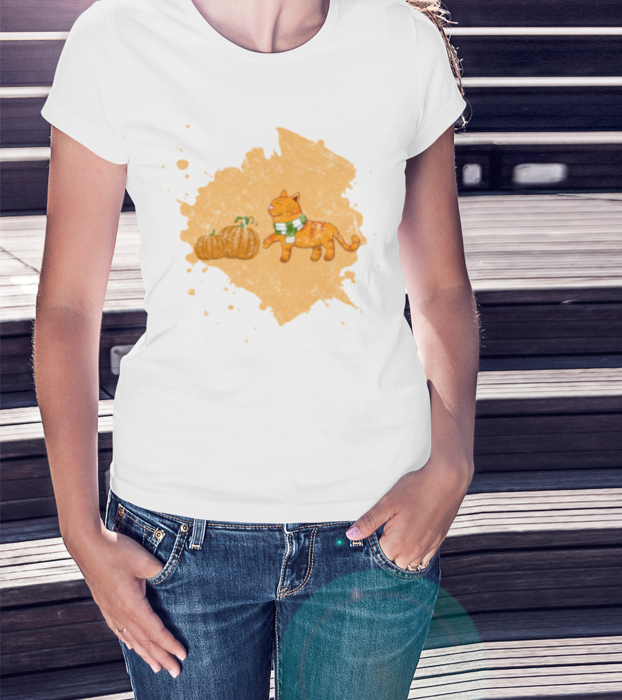Kitty With Scarf And Pumpkins On Splash Background T-Shirt