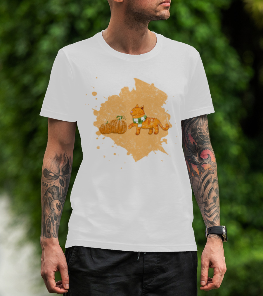 Kitty With Scarf And Pumpkins On Splash Background T-Shirt