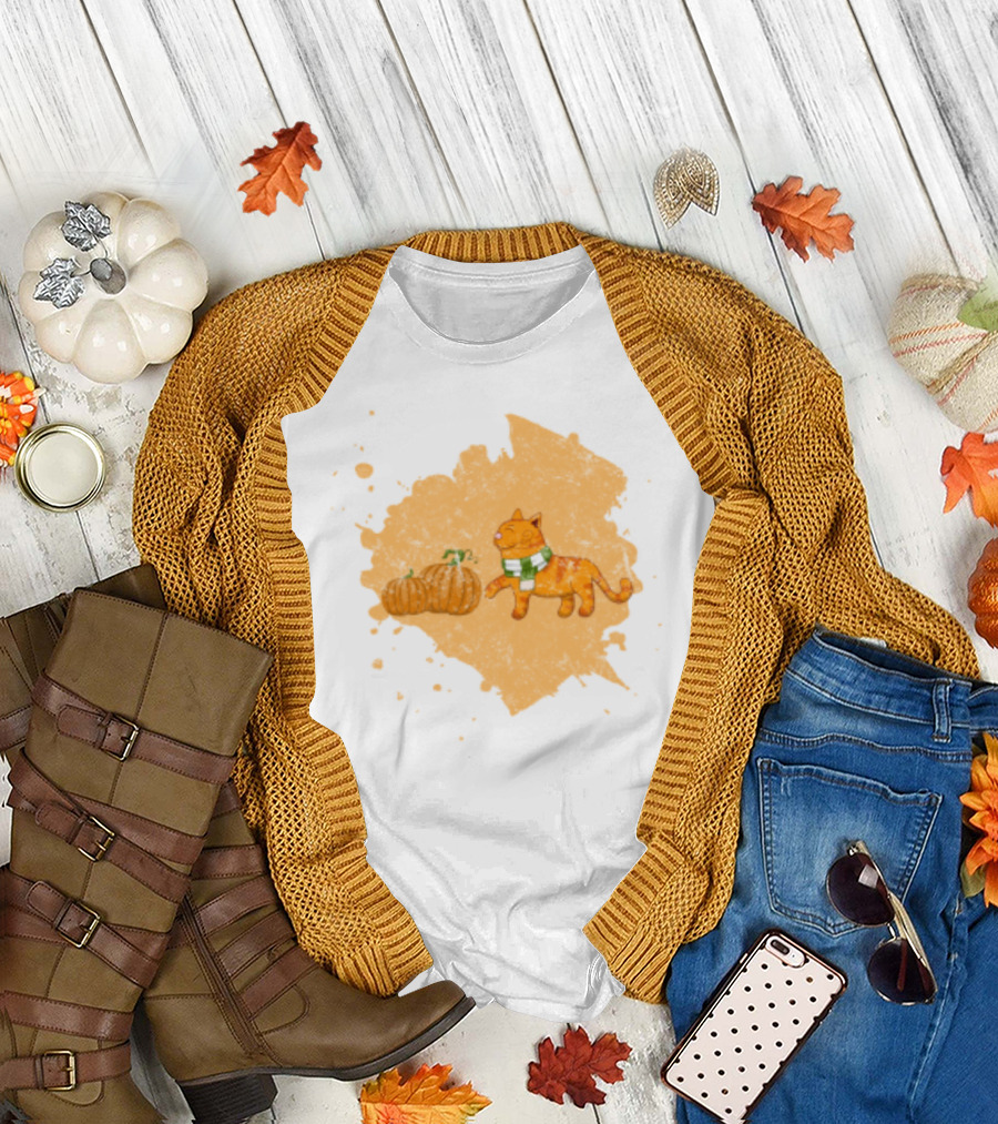 Kitty with Scarf and Pumpkins on Splash Background T-Shirt