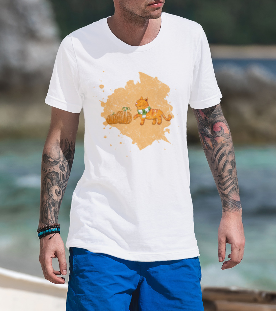 Kitty With Scarf And Pumpkins On Splash Background T-Shirt