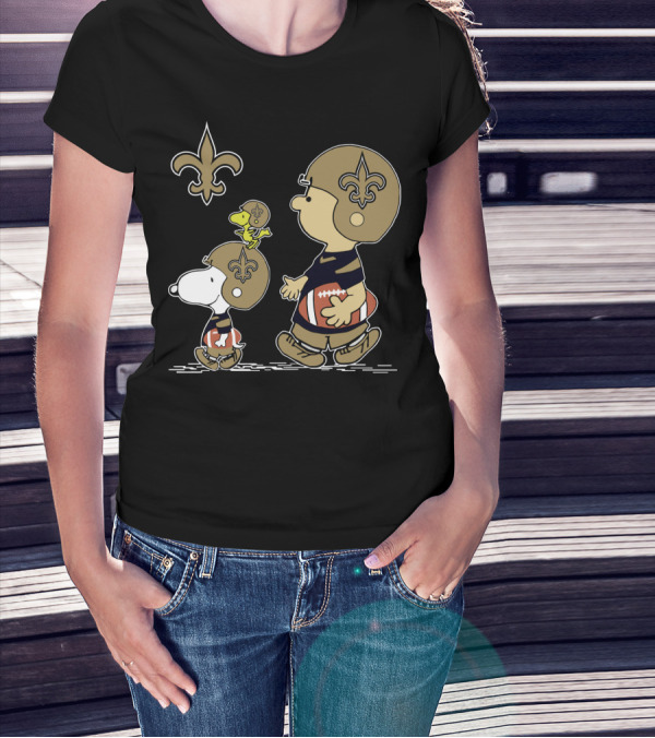 Christmas Peanuts Cute Football Saints Snoopy And Woodstock In Helmets T-Shirt