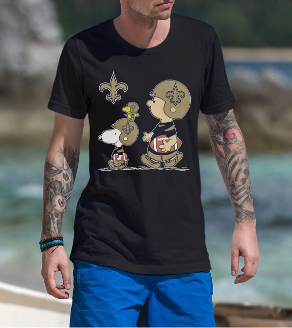 Christmas Peanuts Cute Football Saints Snoopy And Woodstock In Helmets T-Shirt