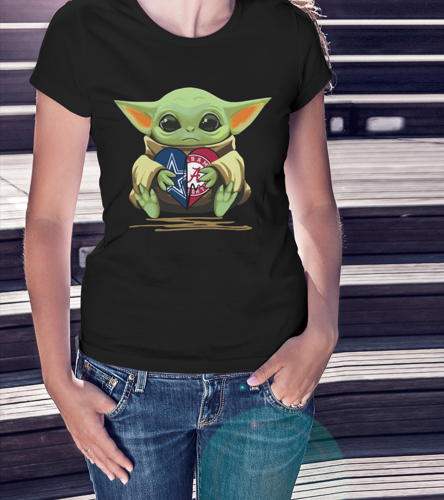 Baby Yoda Holding Cowboys Star And Crimson Tide Heart T-Shirt