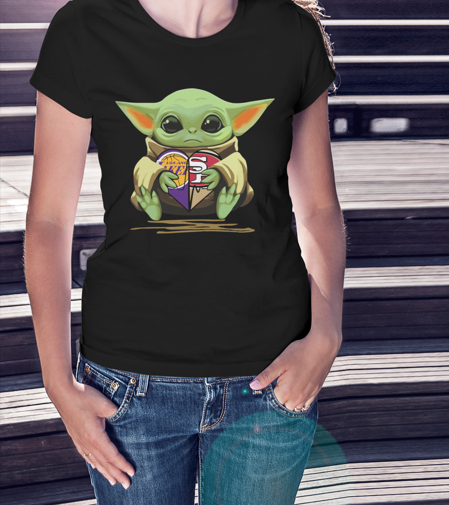 Baby Yoda Holding Los Angeles Lakers And San Francisco 49ers Logos T-Shirt