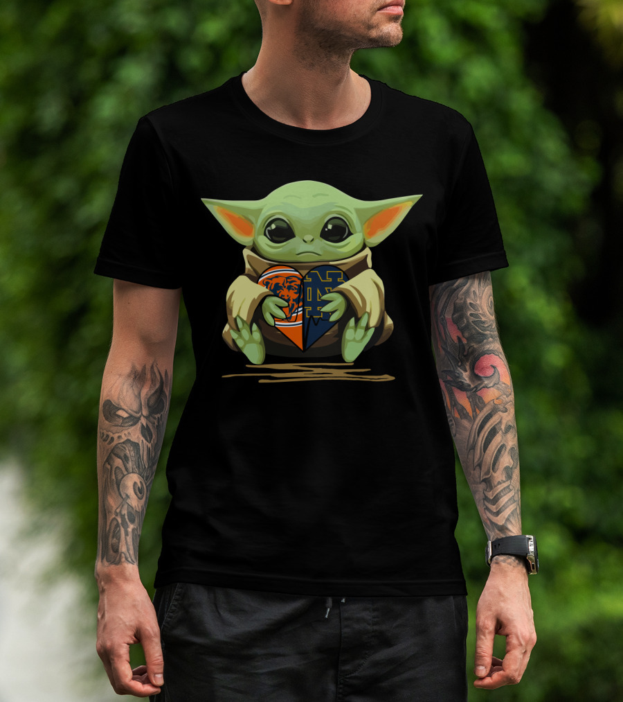 Baby Yoda Holding Chicago Bears And Notre Dame Irish Heart-Shaped T-Shirt