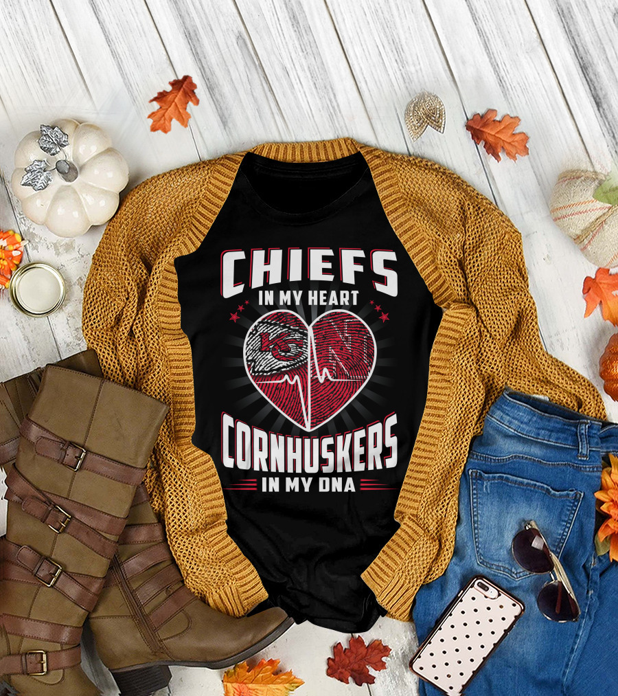 Chiefs In My Heart Cornhuskers Dna Fingerprint Heartbeat T-Shirt