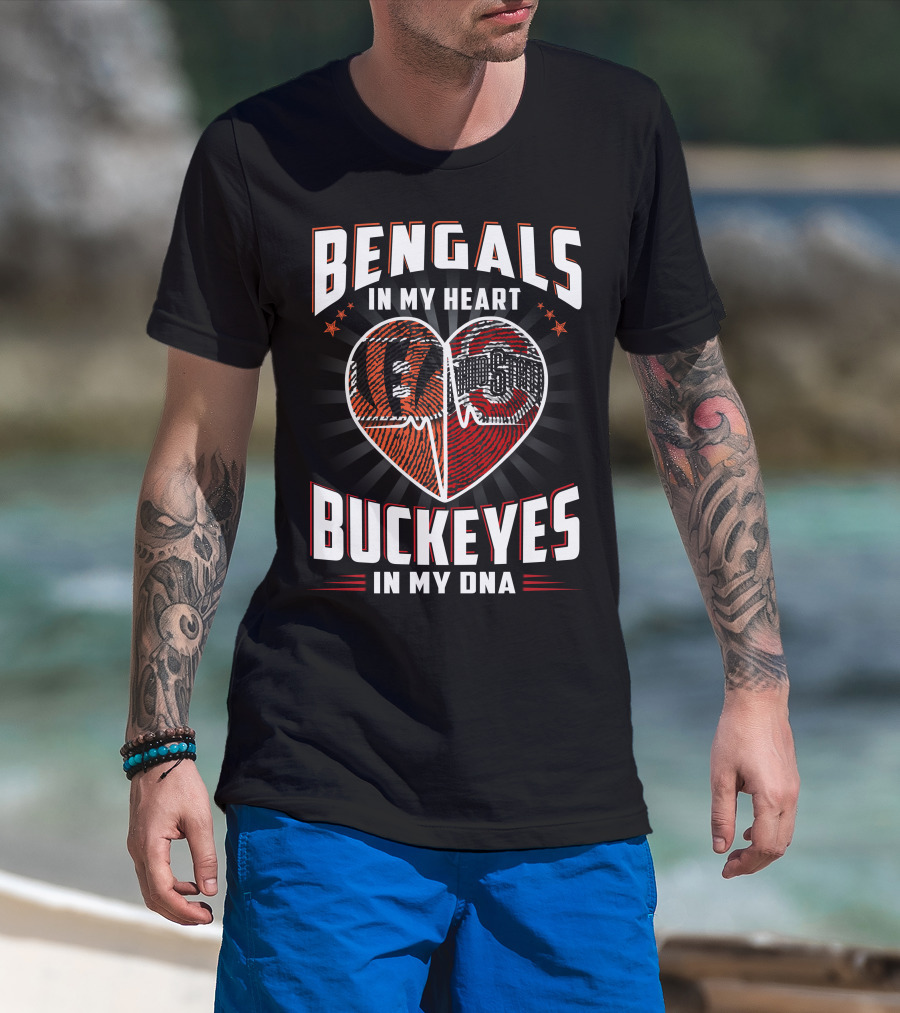 Bengals In My Heart Buckeyes In My Dna Heartbeat Logo Combination T-Shirt