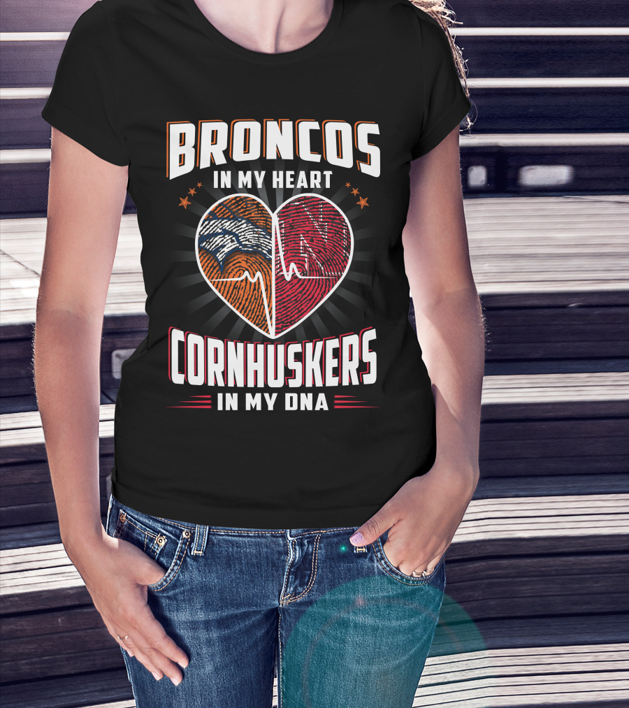 Broncos Heart Cornhuskers Dna Fingerprint Football Pride T-Shirt