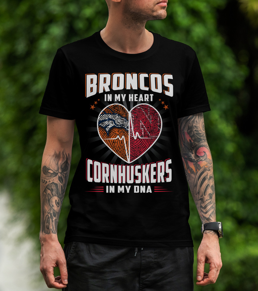 Broncos Heart Cornhuskers Dna Fingerprint Football Pride T-Shirt
