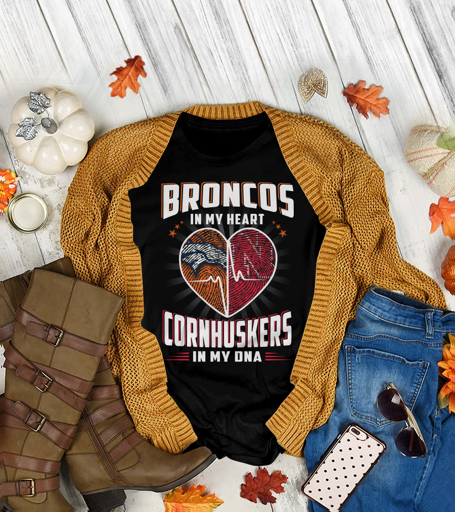 Broncos Heart Cornhuskers Dna Fingerprint Football Pride T-Shirt