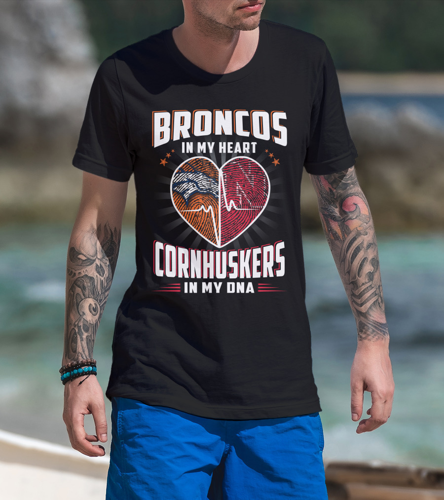 Broncos Heart Cornhuskers Dna Fingerprint Football Pride T-Shirt