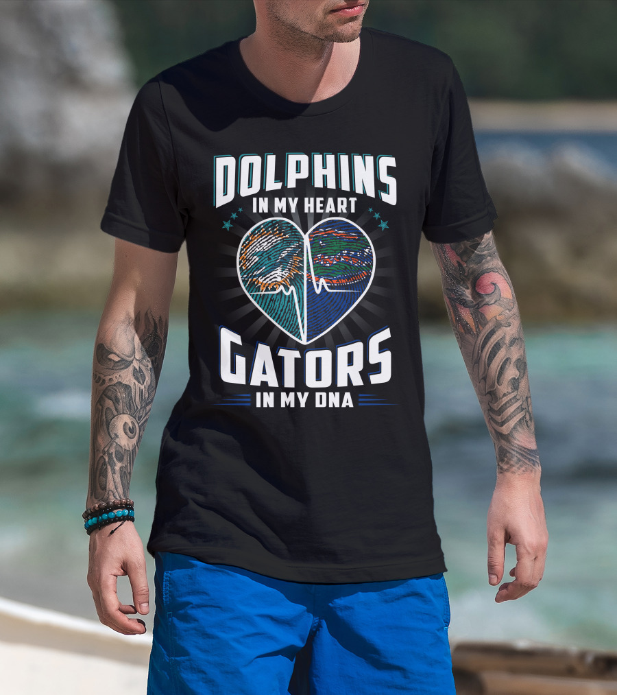 Dolphins In My Heart Gators In My Dna Heartbeat Football Influence T-Shirt