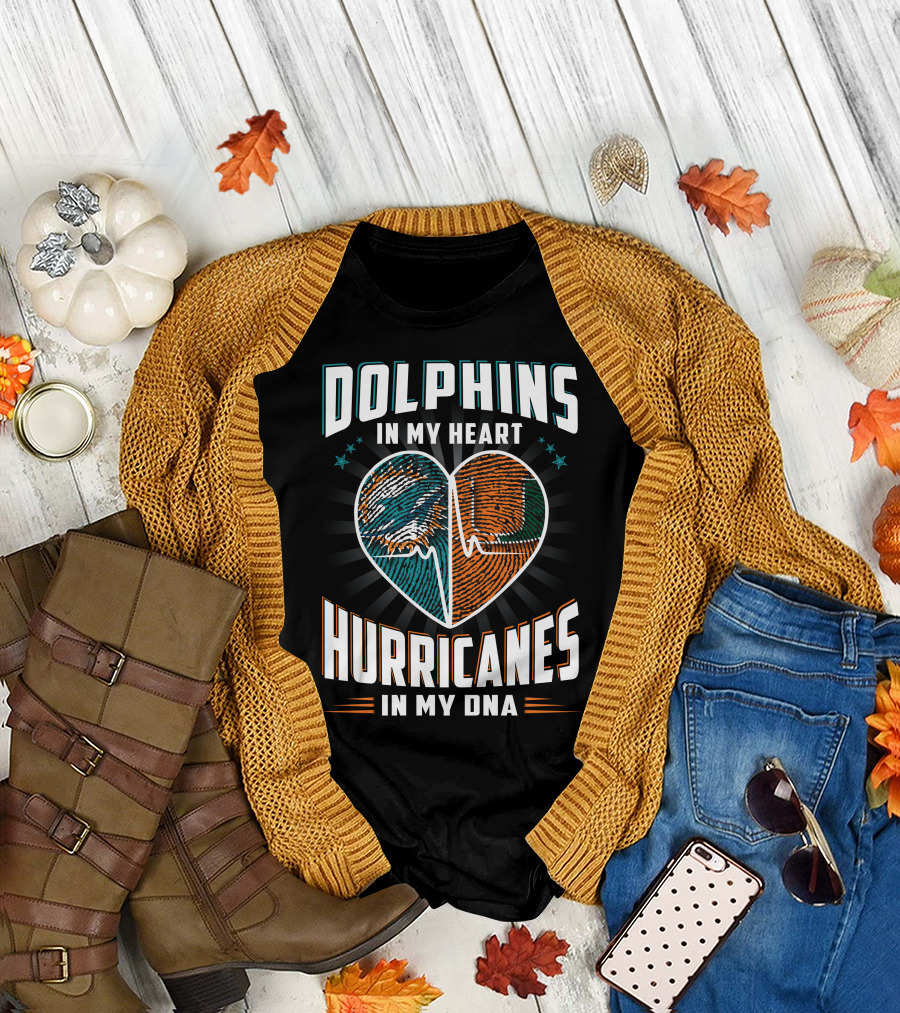 Dolphins In My Heart Hurricanes In My Dna Fingerprint Heart Ekg Stars T-Shirt