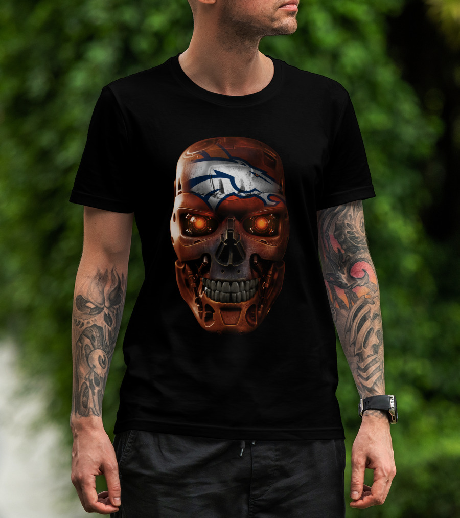 Skull With Broncos Logo Style T-Shirt