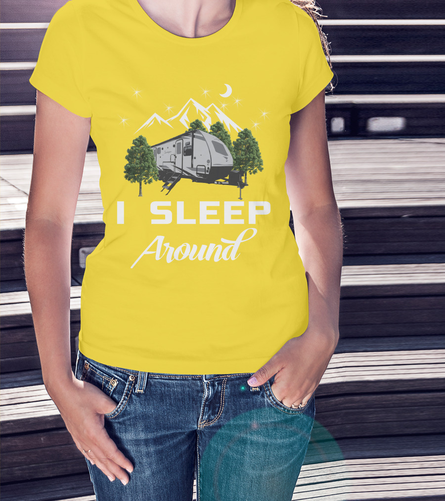 I SLEEP AROUND Forest River Surveyor Camper And Mountain Scene T-Shirt