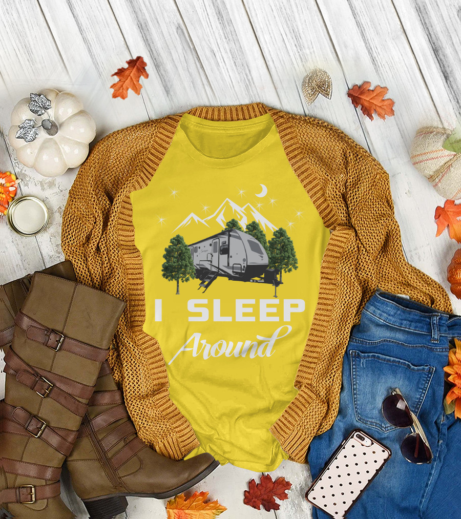 I SLEEP AROUND Forest River Surveyor Camper and Mountain Scene T-Shirt