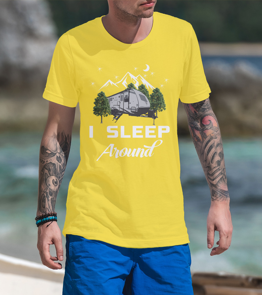 I SLEEP AROUND Forest River Surveyor Camper And Mountain Scene T-Shirt